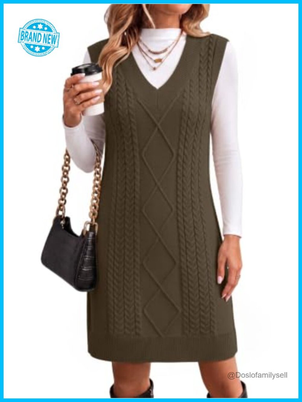 Zeagoo Cable Knit Sweater Vest Dress V-Neck Sleeveless Loose Fit Mini